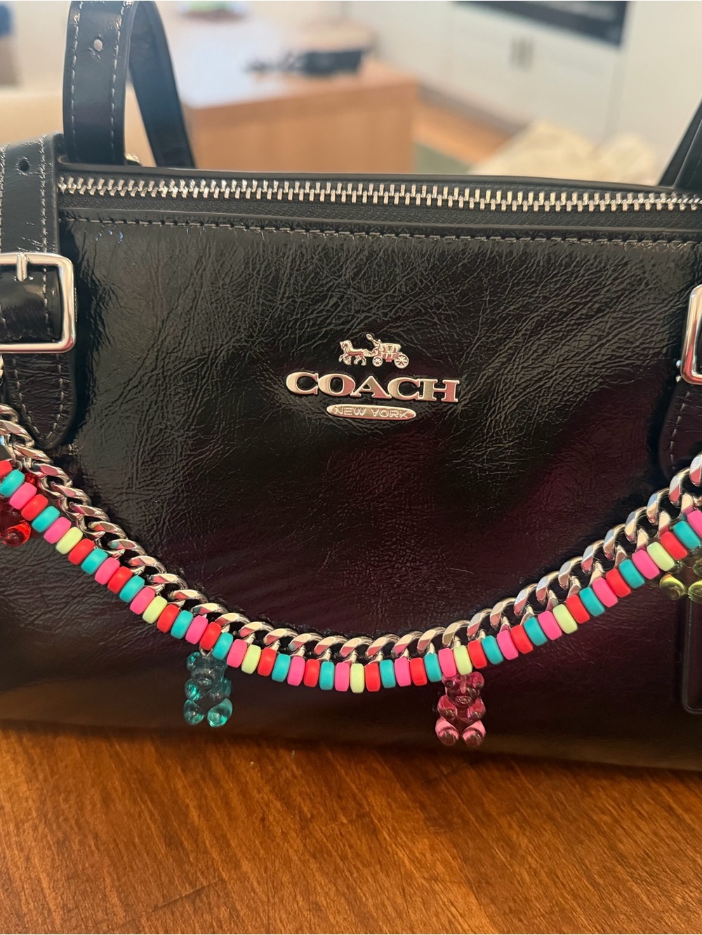COACH Black Leather Satchel with Multicolor Beaded Chain